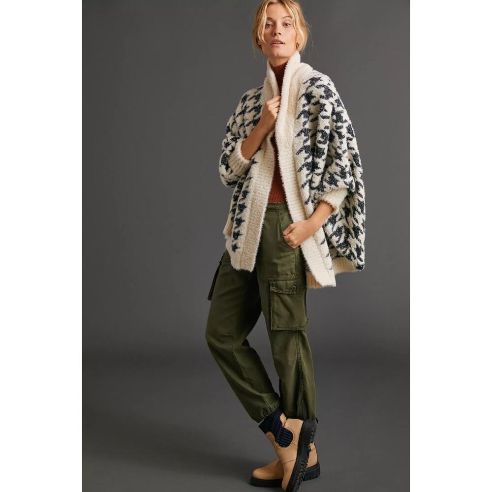 Anthropologie Houndstooth Shawl Cardigan Eyelash Knit Open Front OS Black Cream